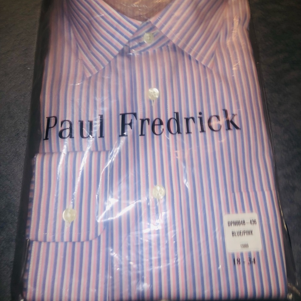 Paul Fredrick Pink w/ White/Blue Striped Point Collar Dress Shirt Size: 18/34